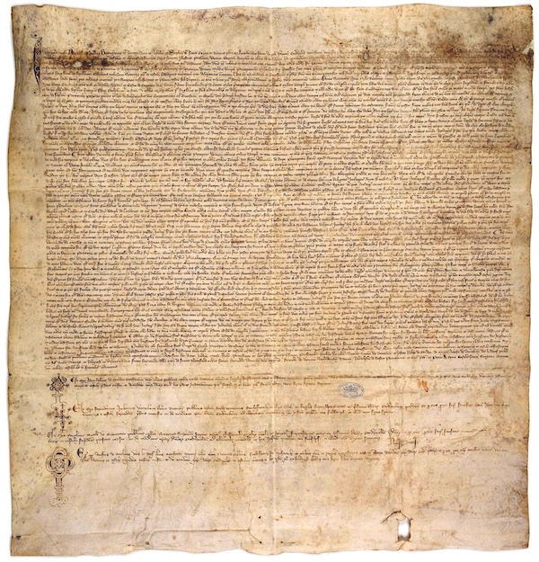 A weathered parchment filled with Latin text, possibly a medieval decree or charter. This document resembles historical records from the time of Jacques de Molay and may reflect papal or royal orders involving the Templars.