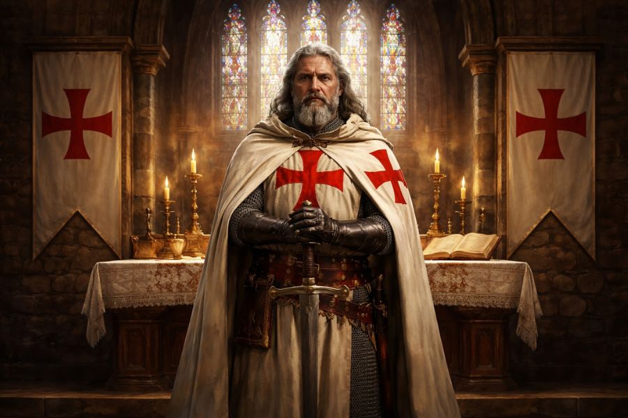 A solemn portrait of Jacques de Molay standing in a candlelit chapel, hands resting on a sword, with Templar crosses behind him and stained glass windows above. The setting emphasizes his role as the last Grand Master and spiritual leader of the Templars.