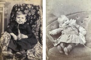 Side by side vintage photos of two children each using a glass murder bottle with a rubber feeding tube. Both children sit in cushioned chairs with the tube extending from the bottle to their mouths. The paired images emphasize the widespread use of the murder bottle in the past.