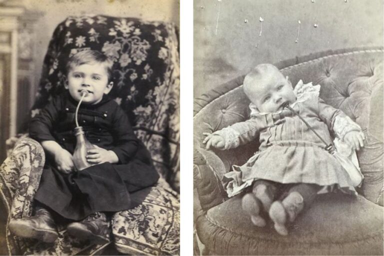 Side by side vintage photos of two children each using a glass murder bottle with a rubber feeding tube. Both children sit in cushioned chairs with the tube extending from the bottle to their mouths. The paired images emphasize the widespread use of the murder bottle in the past.