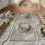 Illustration of three men sitting on a long wooden latrine bench inside a Roman style communal toilet with stone drains and basins running through the center. This historical scene shows how medieval toilets and earlier shared sanitation spaces were built for group use with carved stone channels and wall inscriptions around the room.