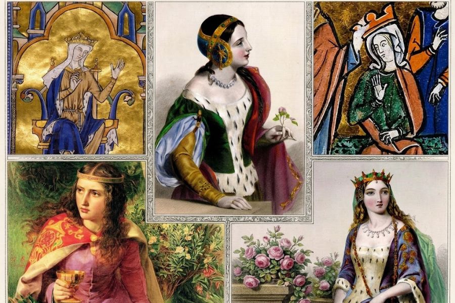 Collage of historical paintings and manuscript illustrations featuring crowned women in elaborate gowns, jeweled headpieces, and royal settings from the medieval era. The collection highlights artistic depictions of Medieval Queens across different styles and centuries.