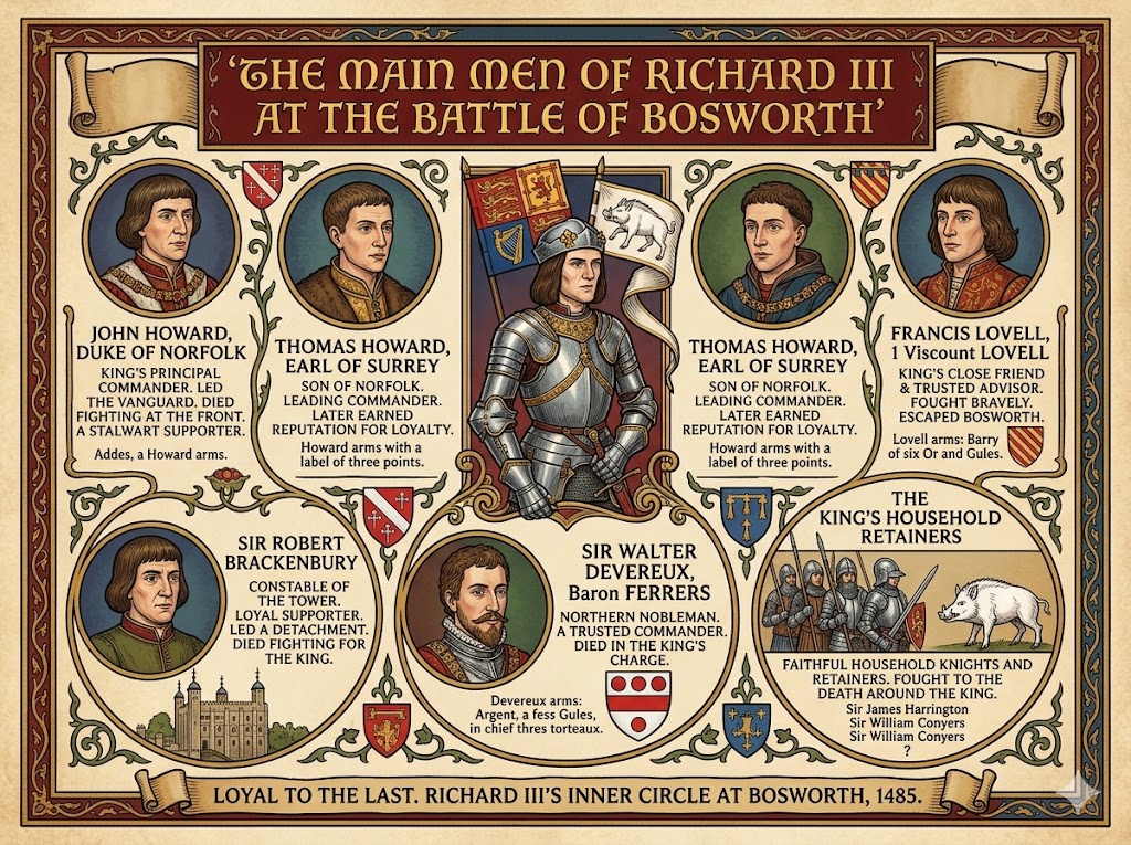 Medieval style illustrated infographic showing Richard III in armor surrounded by portraits of his key supporters at the Battle of Bosworth.