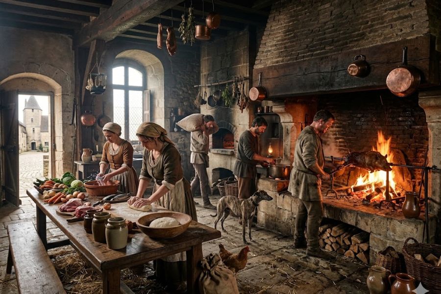 Busy medieval castle kitchen with servants preparing food beside a large stone fireplace roasting meat over an open fire. Wooden tables covered with bread, vegetables, and pottery showcase daily life inside medieval castles during meal preparation.