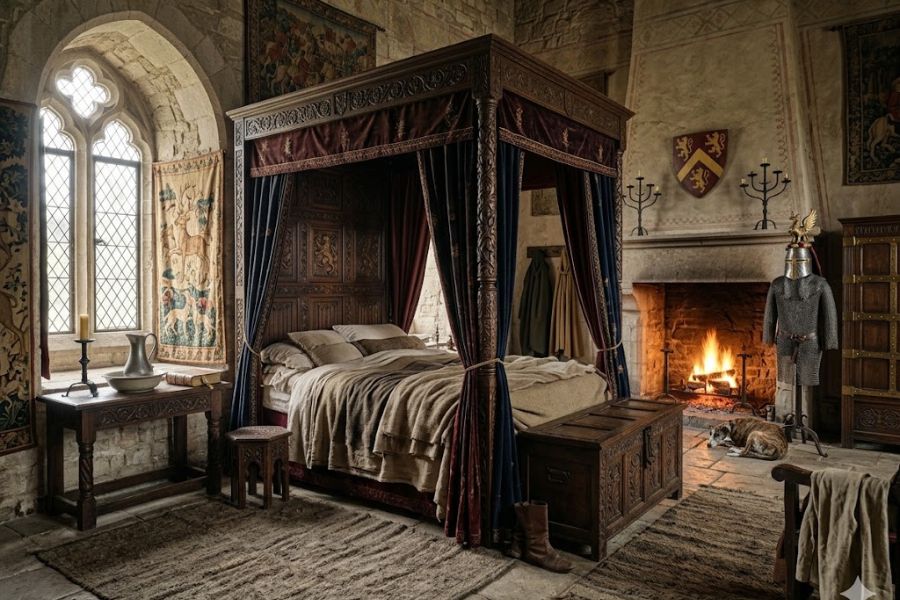 Luxurious stone bedroom inside a medieval castle featuring a carved four poster canopy bed, tapestries, armor display, and a lit fireplace. The room reflects the wealth, comfort, and architectural style found in noble living quarters of medieval castles.