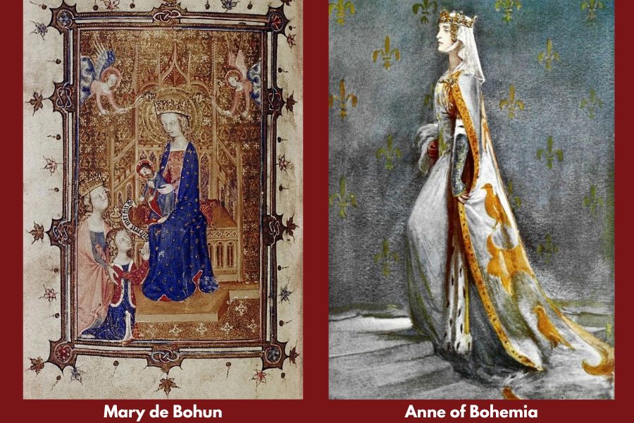 Side by side historical illustrations labeled “Mary de Bohun” and “Anne of Bohemia” showing medieval royal women in ornate gowns, crowns, and richly decorated settings. The artwork highlights influential women connected to the Plantagenet family and the royal courts of medieval England.