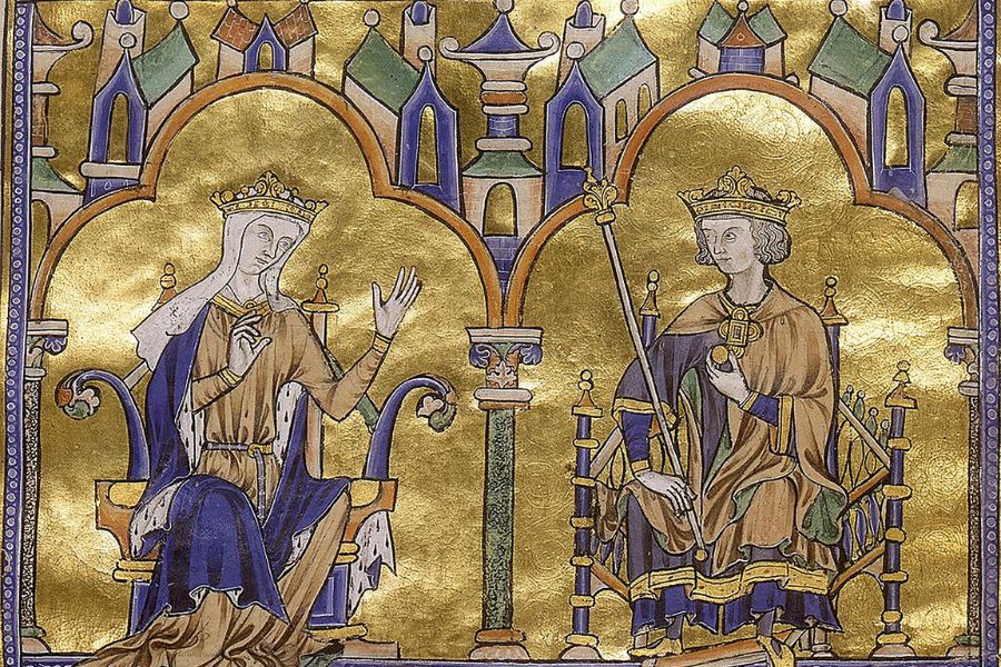 Illuminated medieval artwork showing a crowned king and queen seated on ornate thrones beneath golden arches and stylized castle towers. The richly detailed manuscript scene reflects the power and symbolism associated with Medieval Queens and royal court life.