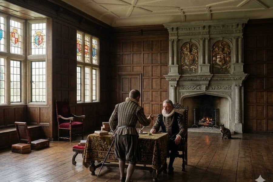 Two men in Tudor clothing meet across a table inside a grand wood paneled chamber with stained glass windows and a large stone fireplace. The tense and formal atmosphere evokes political decisions and royal judgments connected to execution during the Tudor era.