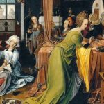 Medieval painting showing women attending a childbirth inside a richly furnished room while a newborn baby is bathed near a fireplace. Elaborate clothing, carved furniture, and domestic details illustrate childbirth and household life in the late medieval period.