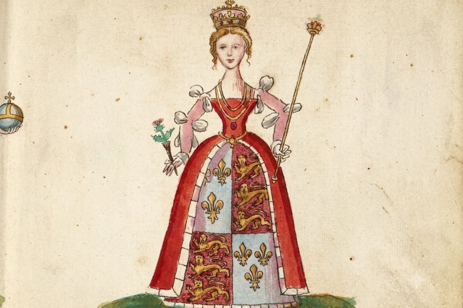 Medieval illustration of a crowned queen wearing a red and white heraldic gown decorated with lions and fleur de lis while holding a scepter and flower. The artwork reflects the symbolism and royal fashion associated with Scottish queens in medieval manuscripts.