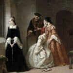Historical painting of Lady Jane Grey standing solemnly beside a tall window in a dim stone chamber while attendants and a nobleman watch nearby. She wears a black Tudor gown with white fur trim, reflecting the tension and isolation surrounding Lady Jane Grey before her execution.
