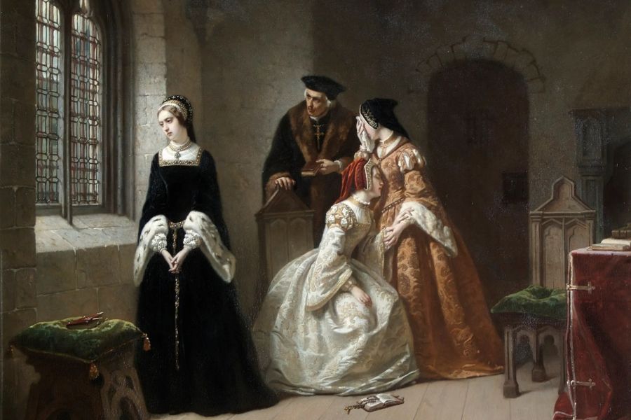Historical painting of Lady Jane Grey standing solemnly beside a tall window in a dim stone chamber while attendants and a nobleman watch nearby. She wears a black Tudor gown with white fur trim, reflecting the tension and isolation surrounding Lady Jane Grey before her execution.