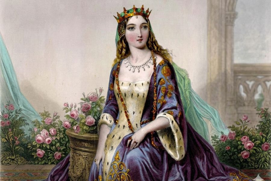 Painted portrait of a crowned queen in a flowing purple and gold gown seated beside blooming roses and draped fabric. The regal styling and elegant medieval fashion reflect artistic representations associated with Margaret of Anjou.