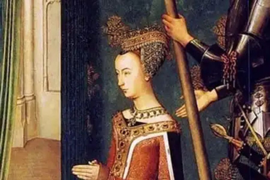 Historical portrait of a noblewoman in an ornate gown and jeweled headdress standing beside attendants in a royal interior. The elegant clothing and ceremonial setting connect to artistic depictions of Scottish queens and court life.