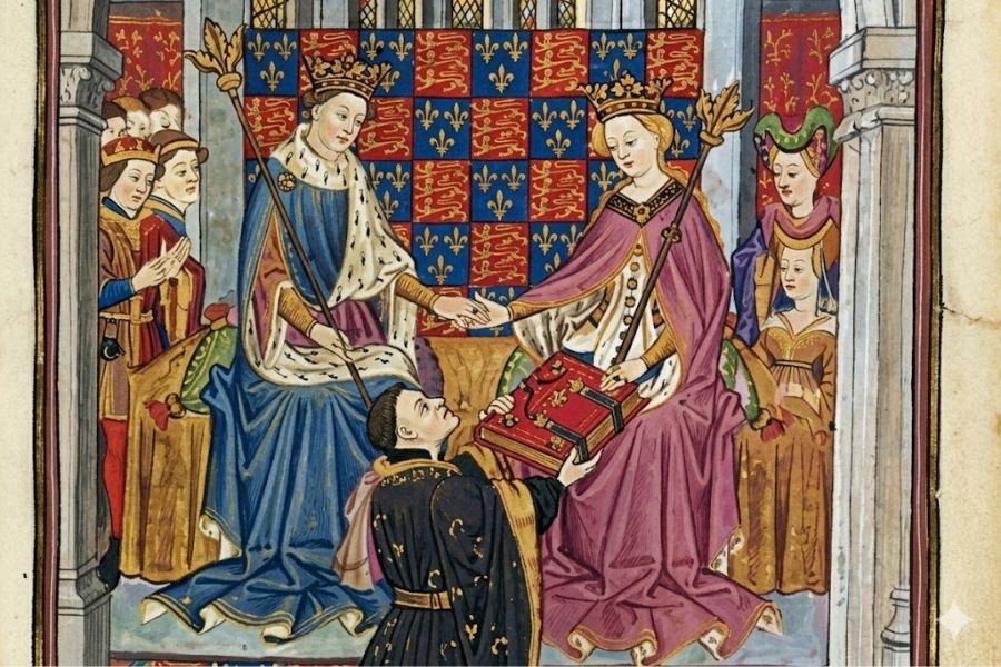 Illuminated medieval scene showing a crowned king and queen seated before courtiers while a kneeling figure presents a decorated chest. The detailed manuscript artwork connects to Margaret of Anjou and the ceremonial traditions of the English royal court during the Wars of the Roses.