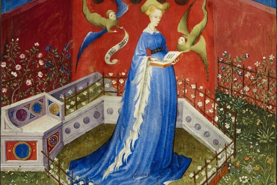 Illuminated manuscript showing a woman in a flowing blue gown reading from a book inside a flower filled garden while birds fly overhead. The richly detailed artwork evokes the culture, learning, and refinement associated with Scottish queens in medieval art.