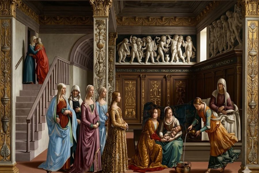 Renaissance style painting of women gathered around a mother and infant inside an ornate interior decorated with columns, sculptures, and painted panels. Attendants prepare water and care for the newborn while elegantly dressed figures observe the scene.