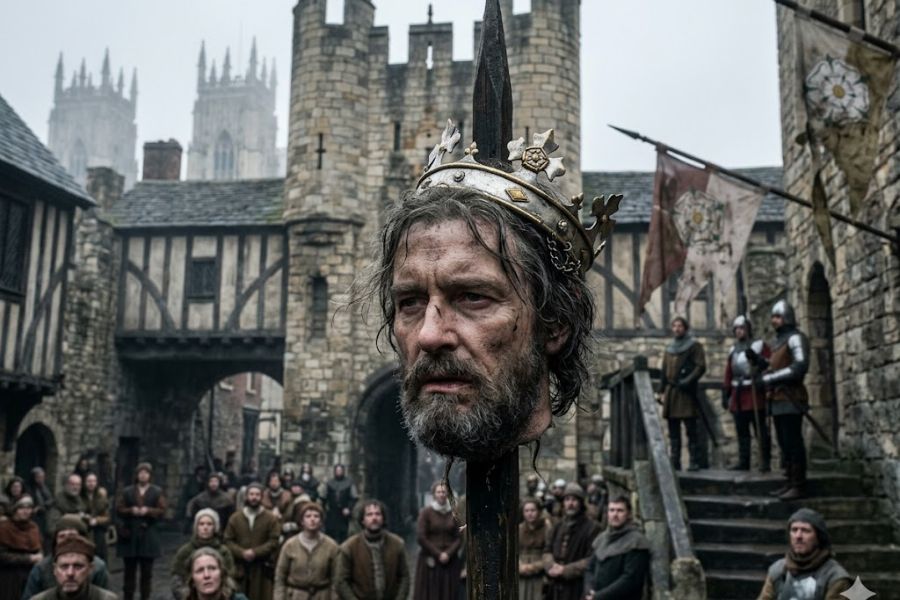 Severed crowned head displayed on a spike in a crowded medieval town square surrounded by stone buildings, guards, and onlookers. The grim public execution scene reflects the brutality and political consequences often associated with medieval battle and warfare.