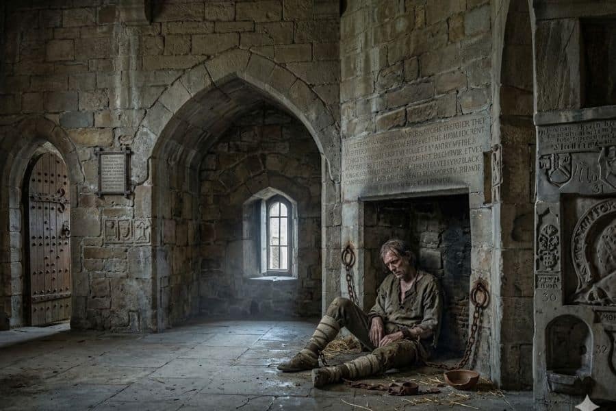 Prisoner sits chained beside a cold stone fireplace inside a dark medieval cell with carved walls and narrow arched windows. The bleak setting reflects the fear and isolation often associated with imprisonment before execution.