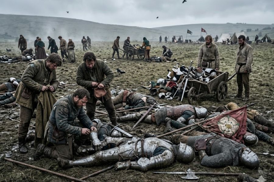 Muddy battlefield covered with fallen armored soldiers while survivors search bodies and collect weapons after combat. The aftermath scene captures the devastation, exhaustion, and loss caused by a medieval battle.