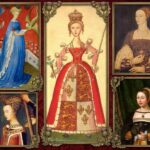 Collage of medieval and Renaissance style portraits featuring crowned women in elaborate gowns, jeweled headdresses, and royal settings. The collection highlights artistic representations of Scottish queens across different historical periods.