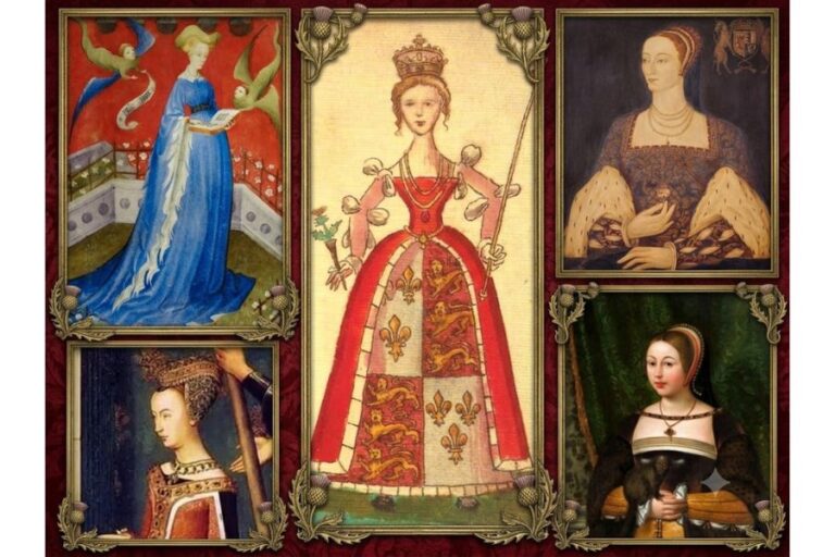 Collage of medieval and Renaissance style portraits featuring crowned women in elaborate gowns, jeweled headdresses, and royal settings. The collection highlights artistic representations of Scottish queens across different historical periods.