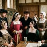 Group of men and women dressed in richly detailed Tudor clothing gathered around a wooden table inside a grand hall with stone walls and timber beams. The scene captures daily life and social interaction in Tudor England, with noble garments, embroidered gowns, and traditional headpieces reflecting the fashion and culture of the period.