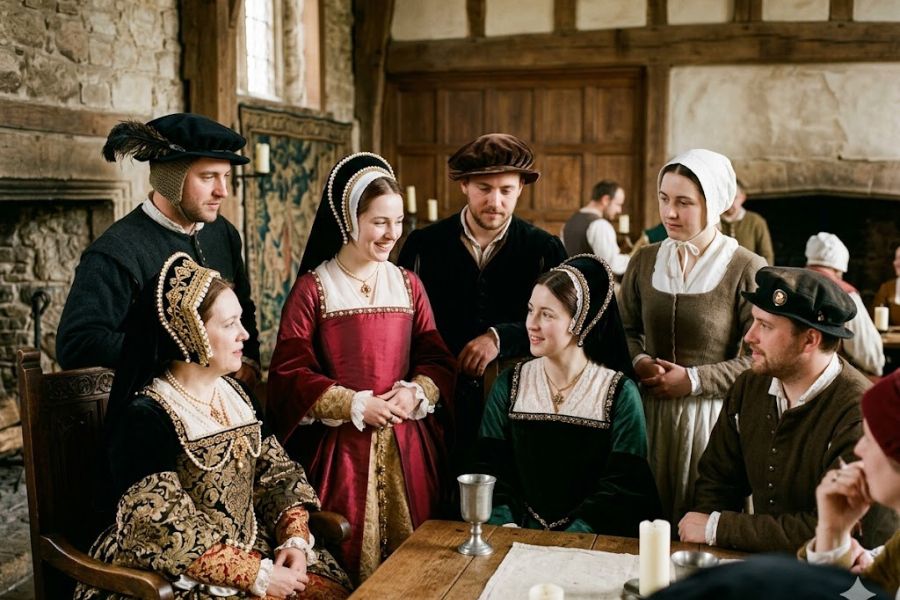 Group of men and women dressed in richly detailed Tudor clothing gathered around a wooden table inside a grand hall with stone walls and timber beams. The scene captures daily life and social interaction in Tudor England, with noble garments, embroidered gowns, and traditional headpieces reflecting the fashion and culture of the period.
