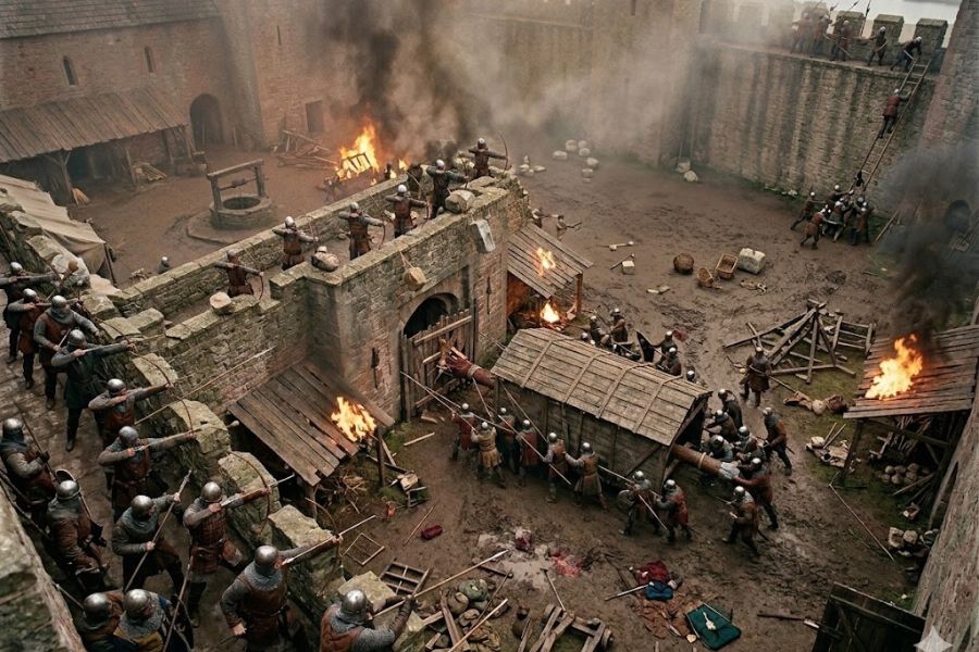 Overhead view of a medieval siege with armored soldiers storming a stone fortress while fires burn inside the castle walls. Archers line the battlements and ladders, barricades, and siege equipment fill the muddy battlefield during the attack.