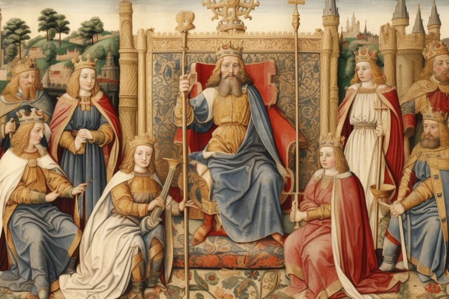 Medieval style painting of a crowned king seated on an ornate throne with queens and other royal figures gathered around him. The scene shows medieval kings in a formal court setting with castles and hills in the background.