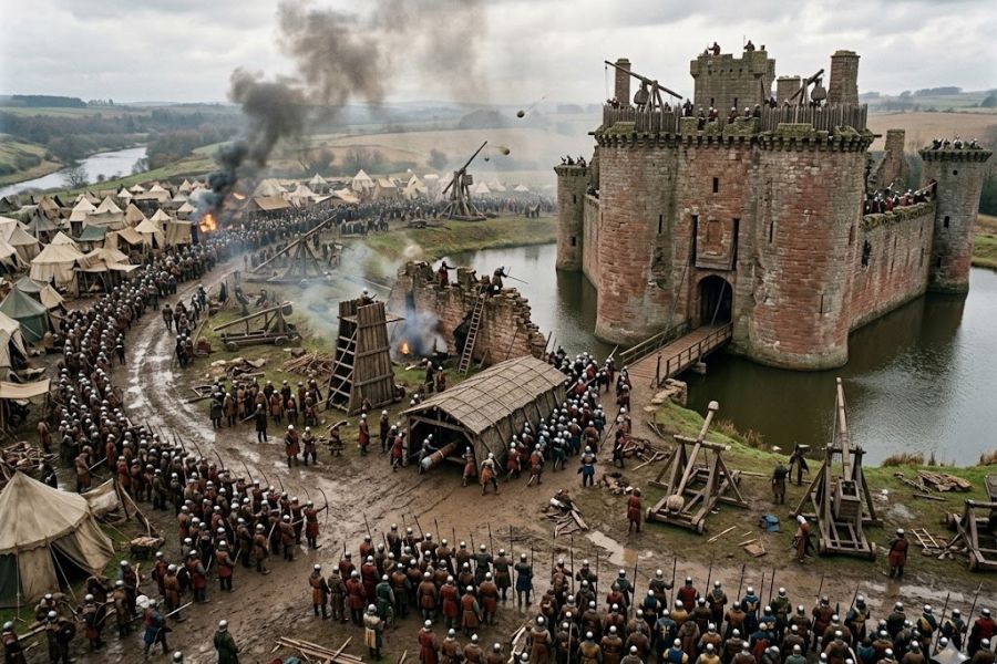 Large scale medieval siege surrounding a fortified castle with hundreds of soldiers, tents, catapults, and smoke rising from burning structures. Troops gather around siege engines and defensive walls beside a moat as projectiles are launched toward the fortress.