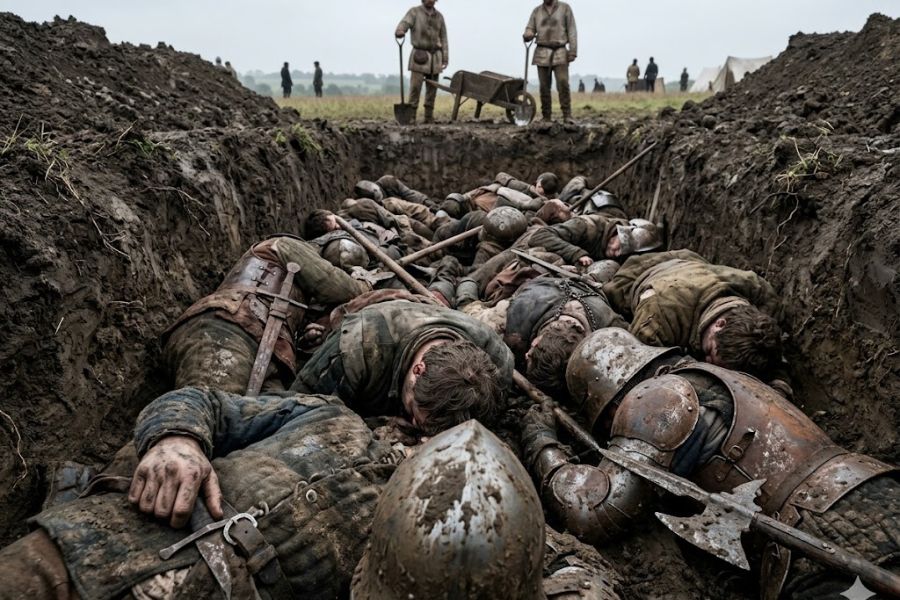 Mass grave trench filled with fallen medieval soldiers wearing damaged armor and carrying broken weapons, while workers stand above with shovels and a cart. The image portrays the deadly human cost and burial practices following a medieval battle.