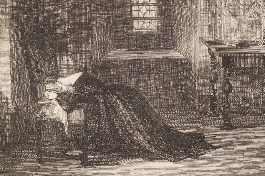 Black and white illustration of Lady Jane Grey collapsed in grief over a chair inside a sparse prison room with stone walls and a small window. Her long dark gown spreads across the floor, emphasizing the sorrow and imprisonment associated with Lady Jane Grey.