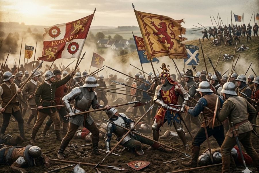 Chaotic battlefield scene from the Wars of the Roses showing armored soldiers fighting with spears and swords beneath banners bearing royal symbols and noble family crests. Dust, fallen soldiers, and crowded ranks capture the brutal conflict between rival English houses during the Wars of the Roses.
