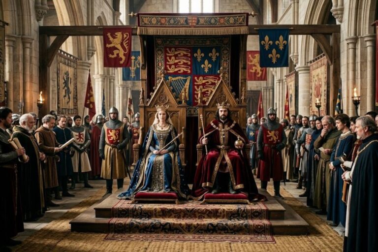 King and queen seated on elaborate thrones inside a grand medieval hall surrounded by nobles, knights, and royal banners decorated with lions and fleur de lis symbols. The dramatic royal court scene reflects the power and ceremony associated with the Plantagenets.