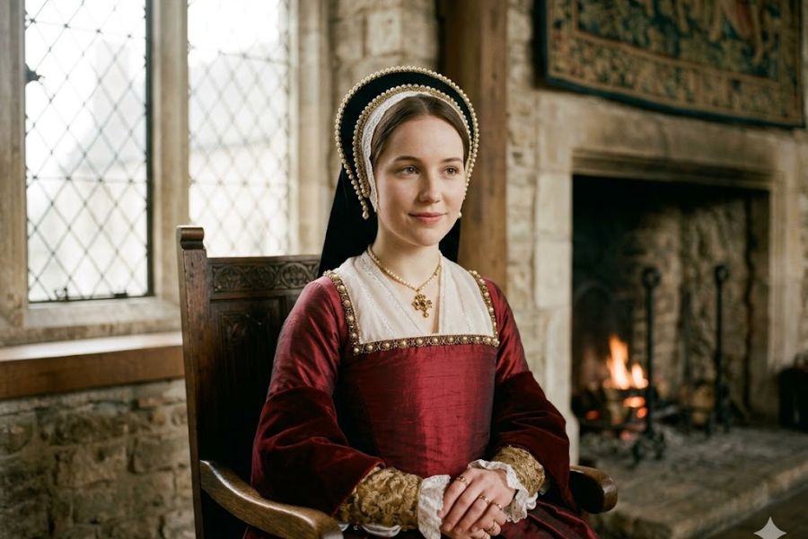 Young woman wearing a red Tudor gown with pearl trimmed headwear seated in a carved wooden chair near a lit fireplace. Her elegant clothing and jewelry capture the refined style and social customs associated with Tudor England.