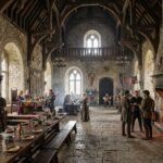 Grand dining hall inside a medieval castle with long wooden banquet tables, stone walls, hanging banners, and a large fireplace glowing with firelight. Groups of people gather throughout the hall, illustrating social life and communal gatherings in medieval castles.