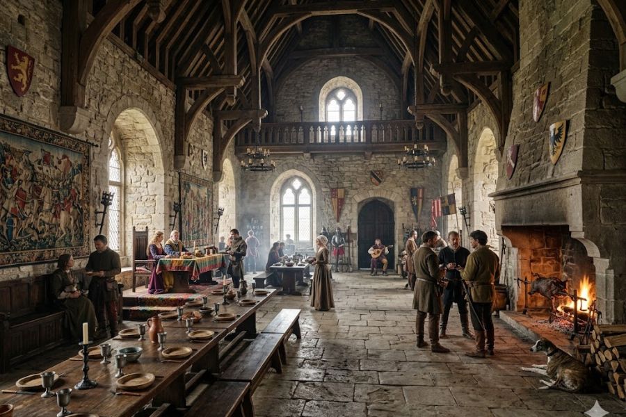 Grand dining hall inside a medieval castle with long wooden banquet tables, stone walls, hanging banners, and a large fireplace glowing with firelight. Groups of people gather throughout the hall, illustrating social life and communal gatherings in medieval castles.