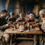 Medieval family gathered around a rough wooden table sharing a simple meal inside a dimly lit cottage with a fire burning in the background. Bowls of stew, rustic bread, wooden cups, and worn clothing reflect the everyday life and living conditions of common people during the medieval period.