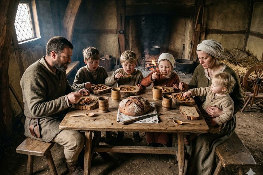 Medieval family gathered around a rough wooden table sharing a simple meal inside a dimly lit cottage with a fire burning in the background. Bowls of stew, rustic bread, wooden cups, and worn clothing reflect the everyday life and living conditions of common people during the medieval period.