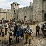 Busy castle courtyard filled with armored soldiers, horses, carts, and workers preparing for activity near a stone gate. A medieval knight in blue and yellow heraldry stands in the foreground holding a banner, making him the clear focus of the scene.