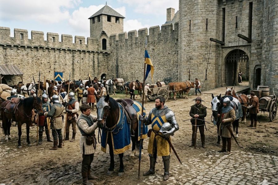 Busy castle courtyard filled with armored soldiers, horses, carts, and workers preparing for activity near a stone gate. A medieval knight in blue and yellow heraldry stands in the foreground holding a banner, making him the clear focus of the scene.