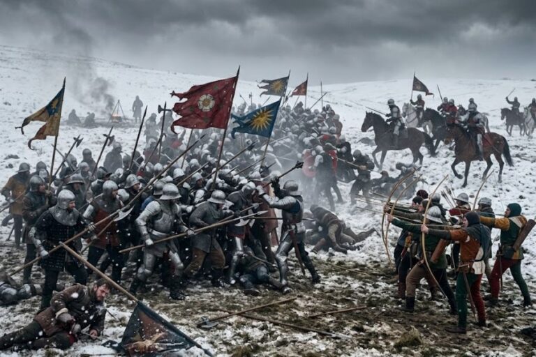 Large scale medieval battle taking place in a snowy field with armored infantry clashing, archers firing arrows, and mounted knights charging through smoke and chaos. Colorful banners wave above the fighting as soldiers engage in close combat during the intense winter battle.