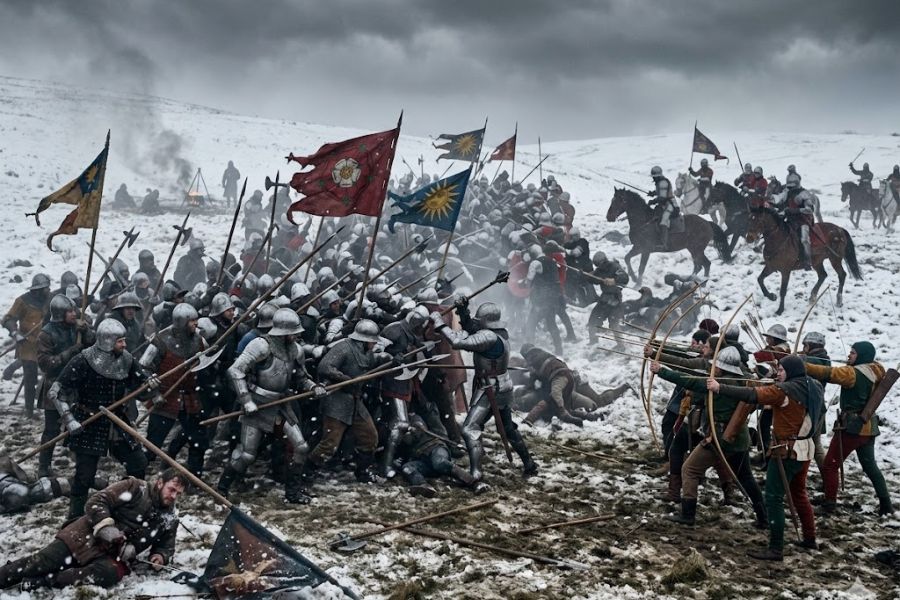 Large scale medieval battle taking place in a snowy field with armored infantry clashing, archers firing arrows, and mounted knights charging through smoke and chaos. Colorful banners wave above the fighting as soldiers engage in close combat during the intense winter battle.