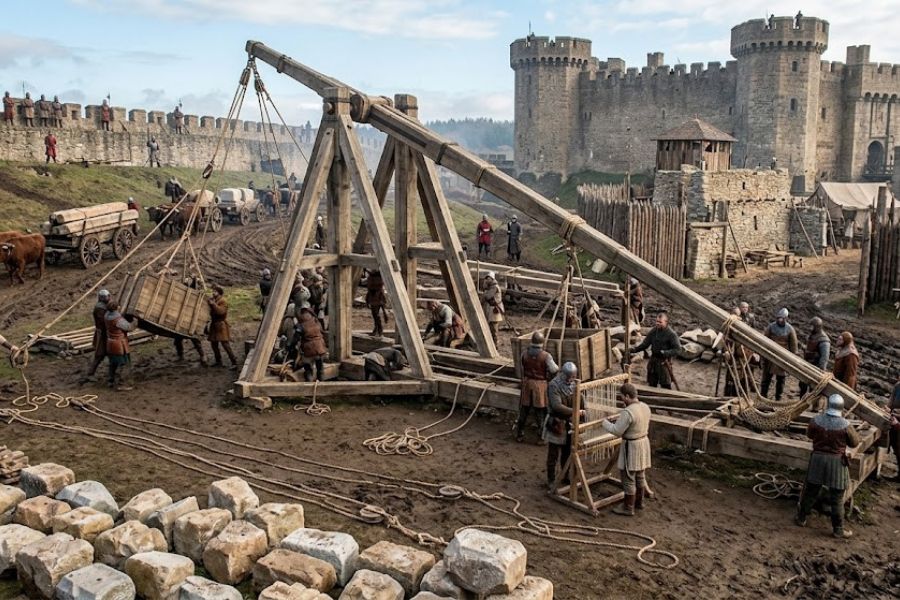 Massive wooden trebuchet being assembled outside a stone castle during a medieval siege, with workers and armored soldiers operating ropes and lifting heavy materials. Wagons, stone blocks, and defensive walls surround the muddy encampment preparing for battle.