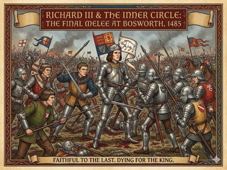 Medieval style battle illustration showing Richard III in armor standing at the center of a chaotic Bosworth battlefield while soldiers with swords. spears. banners. and shields fight around him. The text reads "Richard III & The Inner Circle. The Final Melée at Bosworth. 1485. Faithful to the last. Dying for the king."
