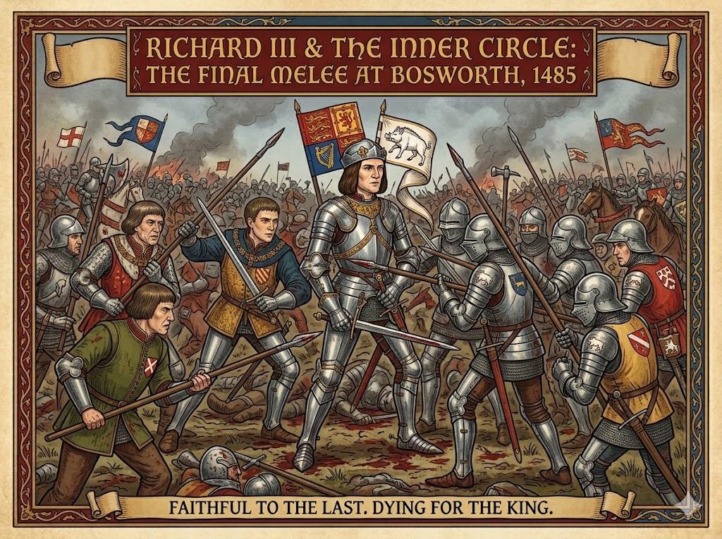 Medieval style battle illustration showing Richard III in armor standing at the center of a chaotic Bosworth battlefield while soldiers with swords. spears. banners. and shields fight around him. The text reads "Richard III & The Inner Circle. The Final Melée at Bosworth. 1485. Faithful to the last. Dying for the king."