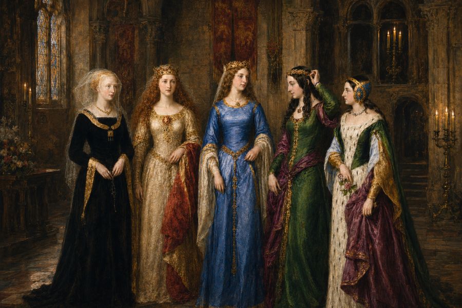 Five powerful medieval queens of England stand together inside a candlelit stone palace. They wear jeweled crowns and elaborate gowns in black gold blue green and burgundy while speaking and adjusting their royal attire.
