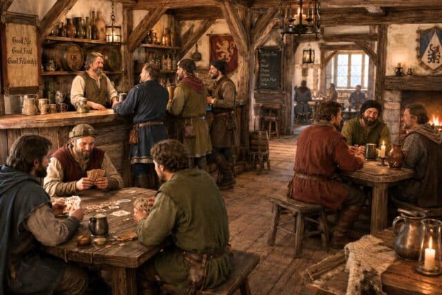 A busy medieval tavern with timber beams and candlelight where patrons drink and play cards around wooden tables while others gather at the bar. Wall signs read "Good Ale. Good Food. Good Fellowship." and "Todays Fare. Ale. Bread. Cheese. Onion. Salted Meat. Stew."