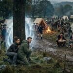 Two modern travelers crouch beside a glowing portal in the middle of an eighteenth century military encampment filled with tents, soldiers, campfires, and wagons. This dramatic scene from a historical fantasy series blends time travel and history, making it representative of popular TV shows that combine adventure, mystery, and period drama.